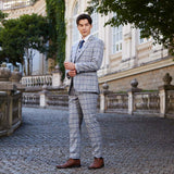 Men Slim Fit Plaid 3 pcs Suit Jacket Vest Pants