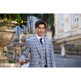 Men Slim Fit Plaid 3 pcs Suit Jacket Vest Pants